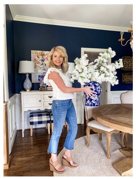 Blue and white home decor inspo!  Click to get the details on this faux floral arrangement! Blue And White Fireplace Decor, Ginger Jars Decor Dining Room, Blue And White Vase With Flowers, Blue And White Dining Room Decor, Ginger Jar Floral Arrangements, Blue And White Mantle Decor, Blue And White Vases Decor, Blue And White Vases With Flowers, White Dining Table Decor