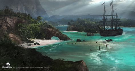 ArtStation - Assassin's Creed IV Black Flag Concept Art, Martin Deschambault Black Flag Concept Art, Flag Concept Art, Assassins Creed Black Flag, Pirate Island, Pirate Art, Concept Art World, Landscape Concept, Arte Cyberpunk, Flag Art