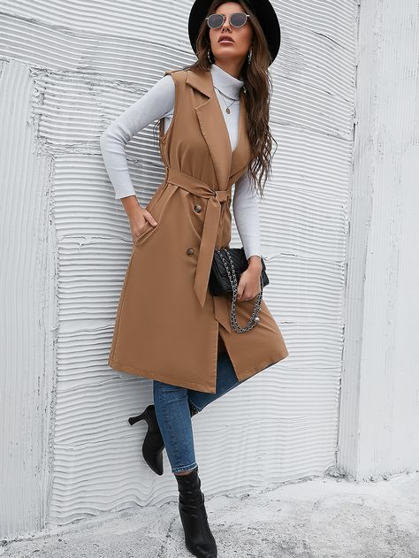 Camel Elegant  Sleeveless Polyester Plain Regular  Non-Stretch Spring/Fall Women Outerwear Sleeveless Trench Coat Outfits, Sleeveless Trench Coat, Waistcoat Fashion, Sleeveless Trench, Smart Casual Wardrobe, Classy Winter Outfits, Sleeveless Coat, Trendy Outfits Winter, Women Outerwear