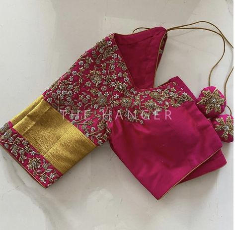 Maggam Works On Pink Blouse, Pink Colour Blouse Designs Maggam Work, Dark Pink Blouse Designs, Big Border Blouse Designs, Aariwork Designs, Velvet Blouse Designs Indian, Velvet Blouse Designs, Yellow Blouse Designs, Dark Pink Blouse