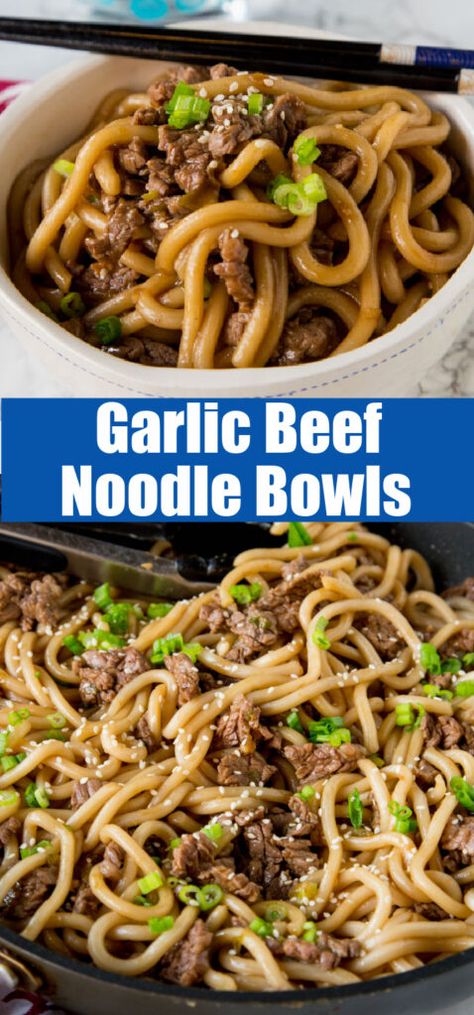 Garlic Beef Noodle Bowls - an Asian style noodle bowl with lots of garlic, that is ready in just minutes! Great for busy nights. Recipes For Dinner Casserole, Garlic Noodle, Noodle Bowls Recipes, Garlic Beef, Beef Noodles, Asian Noodle Recipes, Chinese Cooking Recipes, Easy Chinese Recipes, Ground Beef Recipes For Dinner