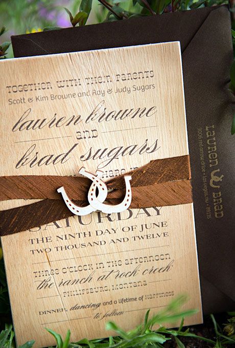 our country chic invites on brides.com!  //  Brides.com: A Sophisticated Ranch Wedding in Philipsburg, Montana. Wedding invitations featured the Western-themed horseshoe decor as well. Cowboy Wedding Invitations, Western Wedding Invitations, Western Themed Wedding, Quince Invitations, Cowgirl Wedding, Cowboy Wedding, Summer Wedding Invitations, Summer Bride, Western Parties