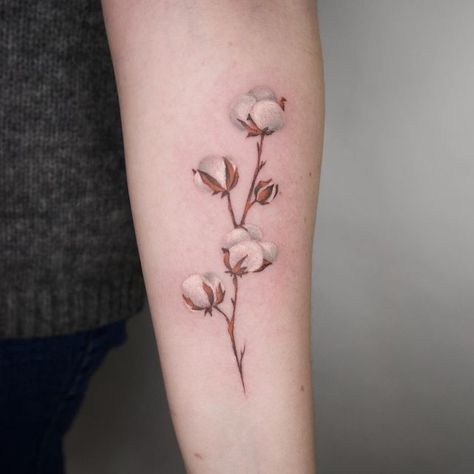 Cotton Tattoo Design, Cotton Plant Tattoo, Cotton Flower Tattoo, Tattoo Sleeve Anime, Tattoo Ideas Hand, Cotton Tattoo, Tattoos Female, Flower Tattoo Ideas, Small Chest Tattoos