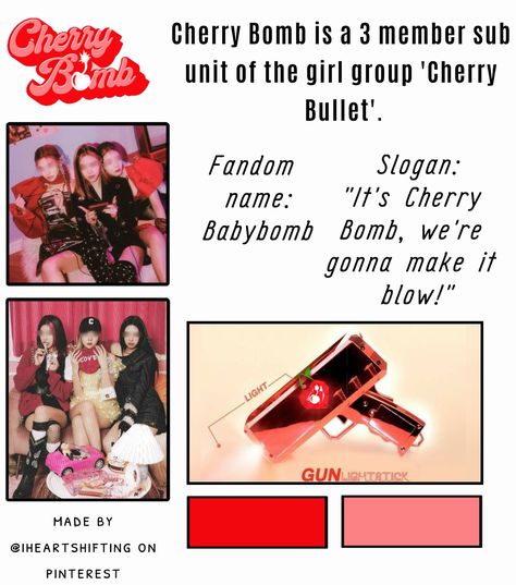 cherry bomb fake gg | kpop fake group idol dr shifting Kpop Group Names Ideas Shifting, Fake Kpop Entertainment Names, Kpop Shifting Company, Kpop Group Ideas Name, Fake Kpop Group Ideas, Kpop Fandom Names Ideas, Girl Group Names Ideas Kpop, Kpop Group Ideas Shifting, Kpop Shifting Group Names