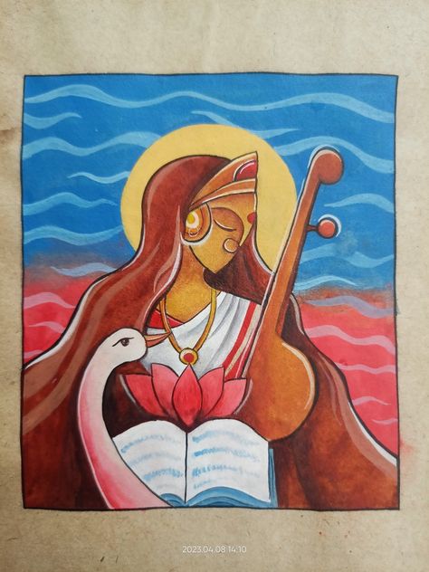 Mata Saraswati Painting, Saraswati Abstract Painting, Bhat Chitra Drawing, Indi Drawing, Sarswati Maa Drawings, Maa Saraswati Drawing, Saraswati Painting, Saraswati Mata, God Drawing