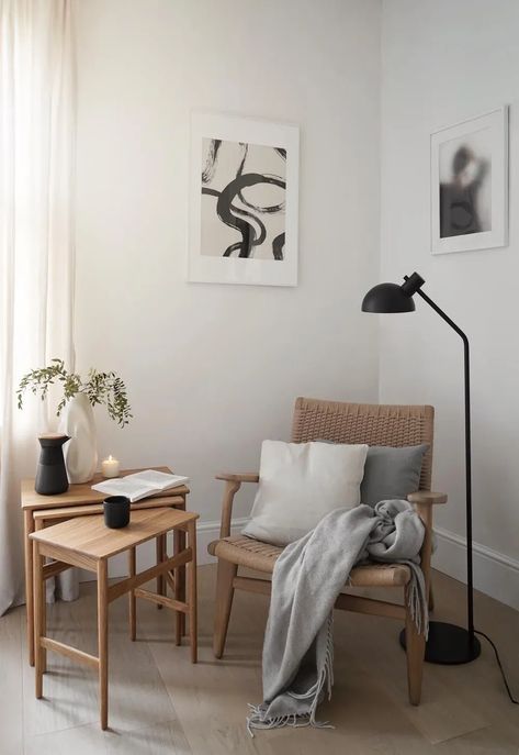 Scandinavian Flooring, Cosy Reading Corner, Victorian Renovation, Carl Hansen, Hans J Wegner, Cosy Corner, Danish Furniture, Reading Corner, Neutral Decor