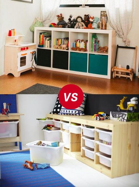 Kids Room Throwdown: Trofast vs Kallax/Expedit | Apartment Therapy Kallax Kids Room, Ikea Kids Playroom, Toddler Toy Storage, Toy Room Storage, Living Room Toy Storage, Trofast Ikea, Ikea Playroom, Ikea Toy Storage, Ikea Toys