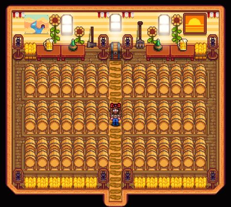 Beer Shed - Stardew Valley Design Stardew Valley Wine Shed, Stardew Wine Shed, Stardew Valley Shed Layout Kegs, Stardew Keg Shed, Shed Design Stardew Valley, Stardew Valley Storage Shed, Stardew Valley Shed Design, Stardew Valley Storage, Stardew Shed Layout