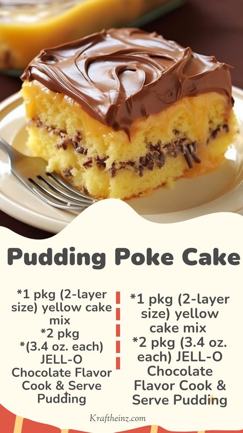 Pudding Poke Cake: Moist yellow cake with rich JELL-O Chocolate Flavor Cook & Serve Pudding poured into poked holes, creating a decadent dessert. Ready in 3 hours. Yellow Cake Chocolate Pudding Poke Cake, Cake Poke, Pudding Poke Cake, Moist Yellow Cakes, Chocolate Pudding Cake, Chocolate Pudding Recipes, Cupcake Baking, Poke Cake Recipes, Easy To Make Desserts