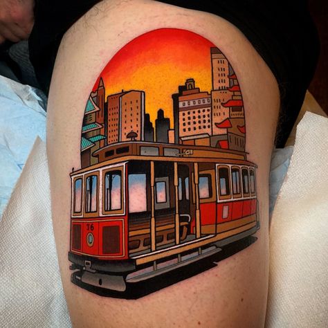 vintage cable car tattoo by dave wah at stay humble tattoo company in baltimore maryland the best tattoo shop and artist in baltimore maryland Cable Car Tattoo, Stay Humble Tattoo, Small Octopus Tattoo, Humble Tattoo, Pinterest Tattoo Ideas, Beachy Tattoos, Dog Portrait Tattoo, Circular Tattoo, Tiki Tattoo