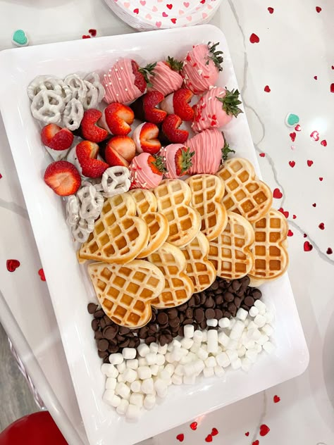 Valentine’s Day Waffle Bar, Galentines Brunch Waffle Bar, Valentines Board Ideas Food, Valentines Waffle Bar, Valentines Day Breakfast Ideas, Valentines Charcuterie Board, Valentines Day Brunch, Waffle Board, Valentine Brunch