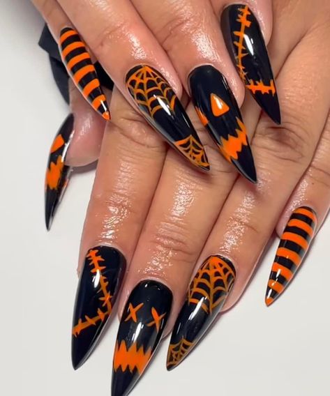 Halloween Nail Designs Black And Orange, Orange Nails Acrylic Halloween, Trick R Treat Nail Art, Jack O Lantern Nail Designs, Halloween Nails With Orange, Sam Trick R Treat Nails, Pre Halloween Nails, Orange Black Halloween Nails, Halloween Nail Designs Orange