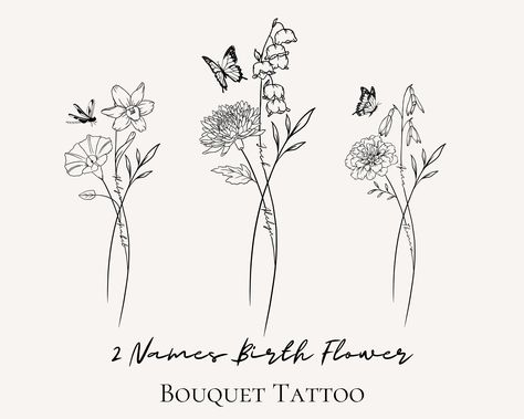 2 Names Custom Birth Flower Tattoo Design Personalized Birth Floral Tattoo Custom Family Birth Flower Bouquet With Names Unique Tattoo - Etsy Family Birth Flower Bouquet, Rose Tattoo Placement, Mother Daughter Symbol, Flower Bouquet Tattoo, Birth Flower Bouquet, June Flower, Bouquet Tattoo, Wildflower Tattoo, Names Unique