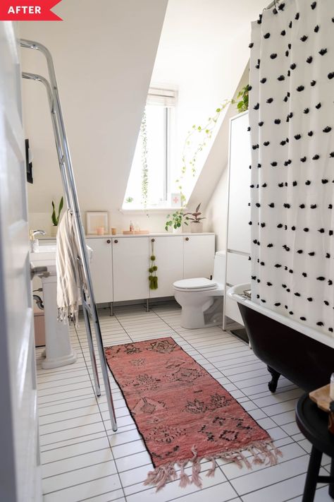 Rental Bathroom Makeover, Black Clawfoot Tub, Cheap Remodel, Pink Moroccan Rug, Pink Cabinets, Black Tub, Rental Bathroom, Bathroom White, White Bathroom Tiles