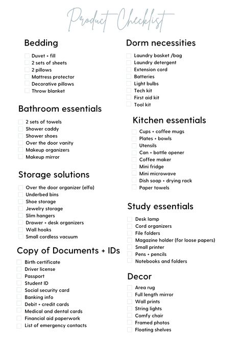 Room Essentials Bedroom List, High School Dorm Room, Bedroom Essentials List, College Bathroom Essentials, Desk Checklist, Bathroom Essentials Checklist, University Checklist, College Wardrobe Essentials, Dorm Desk Organization