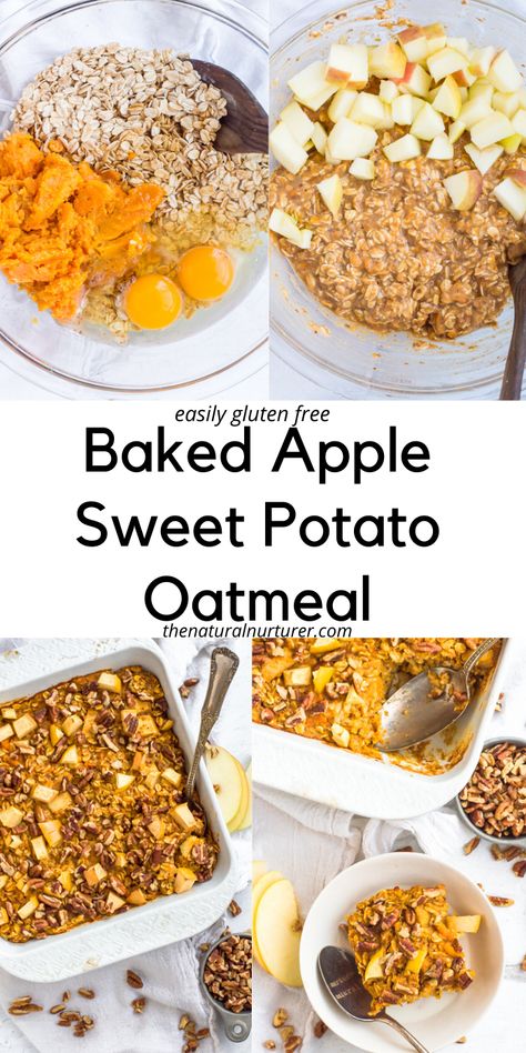 Paleo Sweet Potato Dessert, Sweet Potato Oatmeal Bake, Baked Sweet Potato Breakfast, Sweet Potato Baked Oatmeal, Sweet Potato Breakfast Bake, Apple And Sweet Potato Recipes, No Egg Healthy Breakfast, Sweet Potato Oatmeal Bars, Apple Sweet Potato Bake