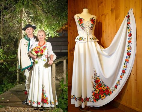 Poland: handpainted weddng dress from the region of Podhale Polish Wedding Dress, Polish Dress, Queen Wedding Dress, Polish Wedding, Polish Heritage, Lace Sweetheart Wedding Dress, Polish Clothing, Vintage Lace Weddings, Ethno Style