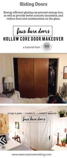 Sliding Doors. Creat Fixer Upper Style Bedroom, Hollow Core Door Makeover Diy, Hollow Core Door Makeover, Hollow Core Door, Farmhouse Makeover, Bedroom Closet Doors, Closet Door Makeover, Hollow Core Doors, Sliding Closet