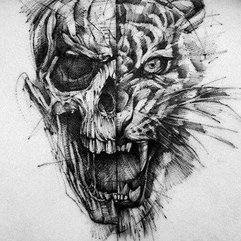 Skull With Wolf Headdress, Zombie Tiger Tattoo, Tiger And Skull Tattoo Design, Abstract Animal Tattoo, Pointalism Tattoos, Tiger Skull Tattoo, Lion Skull Tattoo, Chest Neck Tattoo, Tiger Tattoo Sleeve