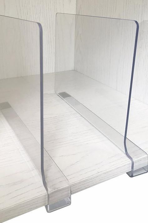 Closet Shelf Dividers, Diy Closet Shelves, Closet Hacks, White Bookshelves, Wardrobe Organisation, Shelf Dividers, Acrylic Shelf, Linen Closet Organization, Closet Organization Diy