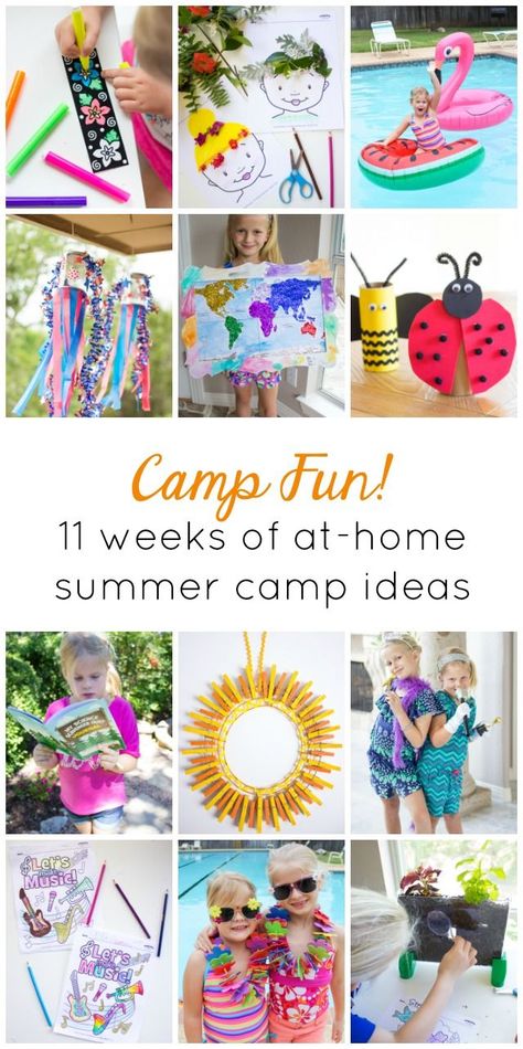 Saving this for the summer! Fun ideas for holding an at-home kids summer camp Home Summer Camp Ideas, Summer Camp Activities For Kids, Camp Activities For Kids, Summer Camp Ideas, Summer Fun Ideas, Camp Themes, Kids Summer Camp, Grandma Camp, Camping Crafts For Kids