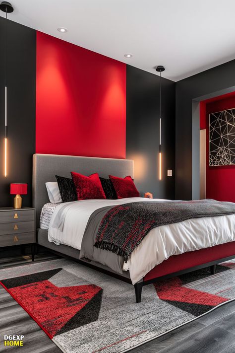 Modern red and black bedroom with bold red accent wall and minimalist lighting Black Modern Bedroom, Black And Grey Bedroom, Red Bedroom Decor, Cozy Bedroom Design, White Bedroom Design, Modern Bedroom Ideas, White Bedroom Decor, Unique Bedroom, Sophisticated Bedroom