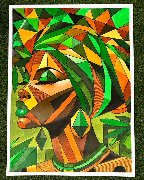 Emerald Reflections: A Geometric Portrait of Grace Size: 22" x 30" Punch Embroidery, Geometric Portrait, Canvas Art Projects, African Art Paintings, Music Stickers, August 9, Art Portrait, Abstract Painting Acrylic, Cubism