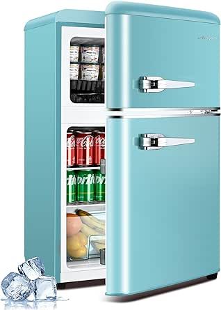 Anypro 3.2 Cu.Ft Compact Refrigerator Mini Fridge with Freezer, Retro Double Door Small Fridge, 7 Level Thermostat Removable Shelves, Small Refrigerator for Dorm, Office, Bedroom, Blue Blue Mini Fridge, Refrigerator Mini, Dorm Fridge, Small Fridge, Drink Fridge, Mini Fridge With Freezer, Bday List, Bedroom Blue, Blue Drinks