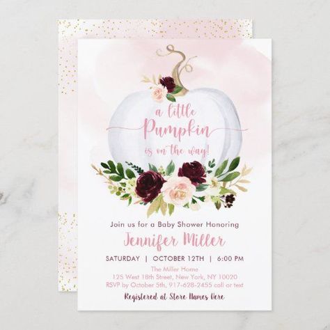 Fall Pumpkin Pink Burgundy Gold Baby Shower - Popular Zazzle Product! Best choice, tags : #invitations, #tshirt, #card, #InvitationsCard, #legging, #trending, #holiday Burgundy Baby Shower, Pumpkin First Birthday, Gold First Birthday, Gold Baby Shower, Boho Baby Shower Invitations, Pumpkin Birthday, Woodland Baby Shower Invitations, Floral Baby Shower Invitations, Gold Baby Showers