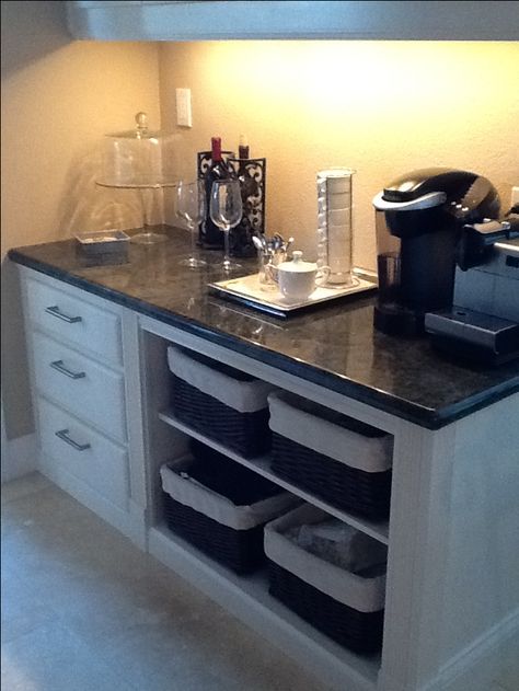 A coffee bar replaces a built in desk in our kitchen Kitchen Office Nook Repurpose, Converting A Kitchen Desk Area, Coffee Bar And Desk Combo, Update Kitchen Desk Area, Kitchen Desk Area Repurpose To Pantry, Kitchen Desk Conversion Ideas, Kitchen Desk Remodel, Kitchen Desk Makeover, Kitchen Desk Area Repurpose