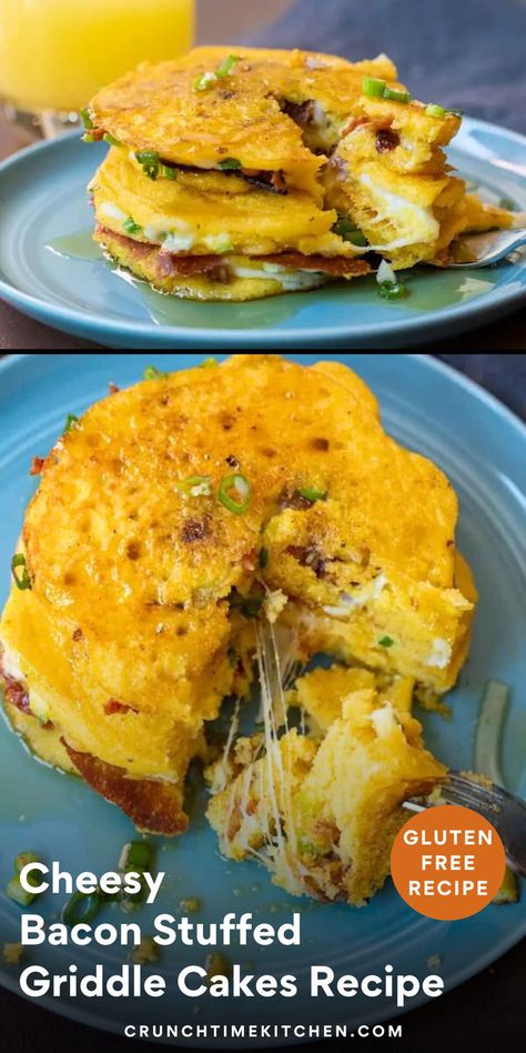 Bacon Cheese Stuffed Pancakes. With Text Reading: Bacon Stuffed Griddle Cakes. Sweet And Savory Breakfast, Griddle Cakes, Baked Bacon, Corn Cakes, Big Cakes, Cheese Stuffed, Fluffy Pancakes, Gluten Free Cheese, Cake Tasting