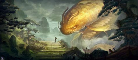 ArtStation - big fish, liang qian Fairy Town Dragon Rpg, Big Fish, Mini Paintings, Creature Design, Mythical Creatures, Fantasy Creatures, Dungeons And Dragons, Fish Pet, Fantasy Art