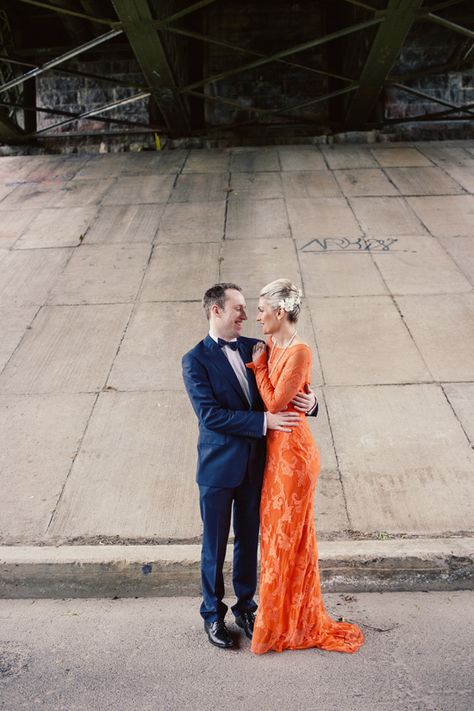 . Unconventional Wedding Dress Color, Colourful Weddings, Orange Dress Wedding, Peach Wedding Dress, Tangerine Wedding, Colored Wedding Gowns, Colorful Weddings, Orange Gown, Orange Lace Dress