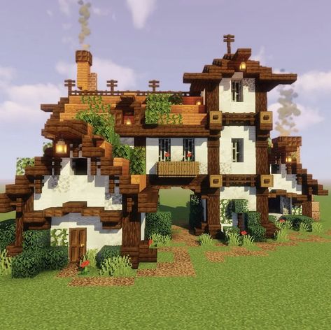 Old Fashioned Minecraft Houses, European Minecraft House, Large Cottage Minecraft, Minecraft House With Stable, Minecraft Cottage Town, Minecraft German Village, Minecraft Houses In A Mountain, Small Cottage Minecraft Houses, Tudor Style Minecraft House