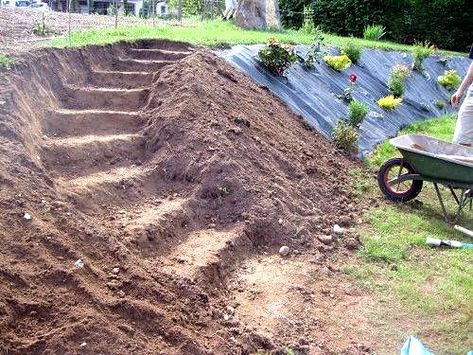 Constructing curved stairs on hillside Curved Stairs, Sloped Backyard Landscaping, Landscaping On A Hill, Sloped Yard, Hillside Garden, Sloped Backyard, Garden Stairs, Hillside Landscaping, Jardim Diy