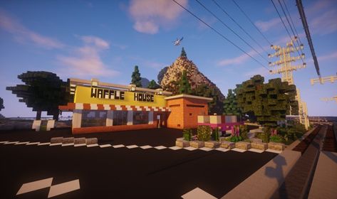 Minecraft Fast Food, Fast Food Ideas, Usa City, Waffle House, Minecraft Map, Minecraft Inspo, Usa Cities, Minecraft Designs, Minecraft Houses