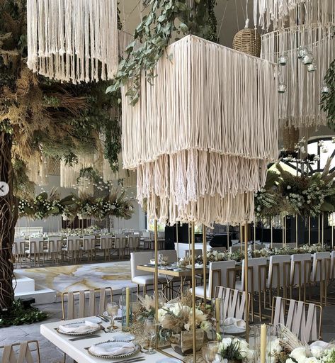 Macrame Ceiling Hanging, Ribbon Chandelier, Non Floral Centerpieces, Blue Wedding Centerpieces, Western Style Wedding, Dream Wedding Decorations, Grass Wedding, Rustic Glam, Ceiling Installation