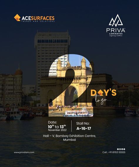 Just 2 Days to go! @Priva is participating at Ace Surfaces Mumbai for exhibiting magnificent collection of laminates. #acetech #acesurfaces #privalaminates #acetechexhibition #acetechexhibition2022 #Bombayexhibitioncenter #architecture #glimpse #grandinauguration #mumbai #acetechmumbai #tradefair #tradeshow #bestlaminates #laminatecollection #laminates #furniture #decoration #laminateflooring #naturalwood #laminatesurfaces #interiordecoration #interiordecorator