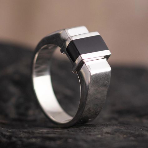 Men's Obsidian Ring - Pitch Black | NOVICA Obsidian Crown, Art Deco Aesthetic, Obsidian Ring, Pitch Black, Silver Signet Ring, Moon Pendant Necklace, Black Onyx Stone, Black Onyx Ring, Silver Moon