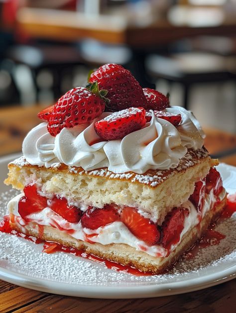 🍓 Slab Strawberry Shortcake 🍓  Enjoy the classic flavors of strawberry shortcake in a convenient slab form!   Ingredients 😂  3 1/2 cups all-purpose flour 🍚 1/2 cup white sugar 🍬 5 teaspoons baking powder 🥄 1/2 teaspoon salt 🧂 1 cup cold butter, cut into cubes 🧈 2 eggs, slightly beaten 🥚 2 cups heavy whipping cream 🥛 4 cups sliced strawberries 🍓 1/4 cup white sugar 🍬 2 cups heavy whipping cream 🥛 1/3 cup powdered sugar 🍬 Strawberry Shortcake Slice, Sliced Strawberries, Short Cake, Coffee Dessert, Whipping Cream, Delicious Snacks Recipes, Homemade Snacks, Heavy Whipping Cream, 2 Eggs