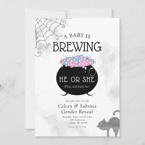 Create your own Invitation | Zazzle A Baby Is Brewing Gender Reveal, Baby Brewing Gender Reveal, Gender Reveal Halloween Theme, Halloween Gender Reveal Invitations, Spooky Gender Reveal Ideas, Halloween Baby Gender Reveal, Baby Is Brewing Gender Reveal, Halloween Themed Gender Reveal Party, Halloween Gender Reveal Party