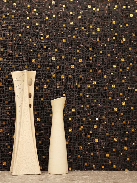 With a random design and luxurious gold accents, our black and gold glass mosaic tiles channel the artful elegance of Klimt, perfect for adding a touch of vintage glamour to your space. #mosaic #mosaico #mosaicart #mosaictile #mosaictiles #mosaicfloor #klimt #klimtart #BlackGold #blackgolden #wallart #walldecor #bathroomdecor #bathroomdesign #bathroomdesign Space Mosaic, Klimt Art, Mosaic Flooring, Glass Mosaic Tiles, Glass Mosaic, Gold Glass, Vintage Glamour, Mosaic Art, Mosaic Glass