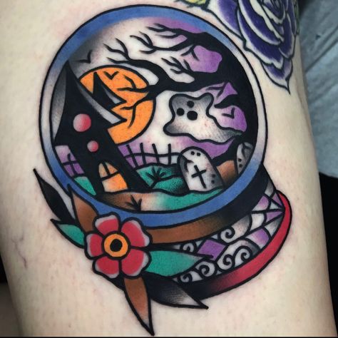 Snow Globe Tattoo, Traditional Tattoo Halloween, Globe Tattoo, Globe Tattoos, Feather Tattoo Design, Traditional Tattoo Sleeve, Spooky Tattoos, Traditional Tattoo Design, Traditional Tattoo Art