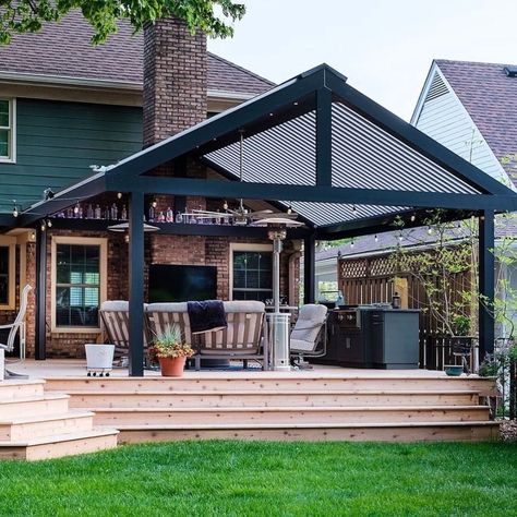 Outside Patio Cover Ideas, A Frame Pergola Attached To House, Pitched Pergola Attached To House, Enclosed Pergola Attached To House, Covered Porch Addition Backyards, Pergola Connected To House, Adding A Pergola To A Deck, Peaked Pergola, Covered Patio Design Attached To House