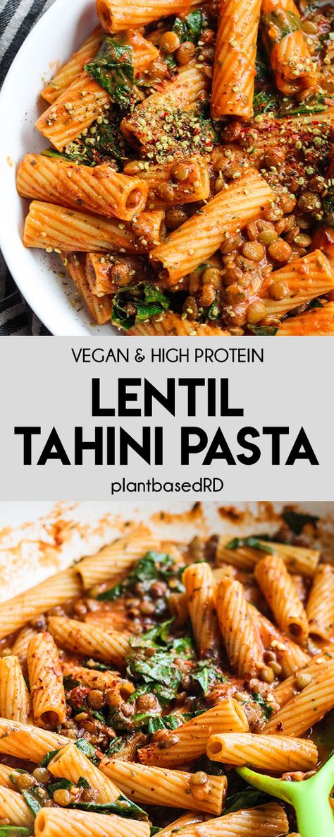 This lentil tahini pasta is all parts vegan, high protein and the perfect amount of creaminess. Super easy to put together and uses pantry items you might already have! #plantprotein #lentils #pastarecipes Vegan Protein Pasta Recipes, Easy Vegan Recipes High Protein, Vegan Pasta Meal, High Protein Vegan Lentil Recipes, High Protein Rigatoni, Vegan Rigatoni Pasta Recipes, Easy Meal Prep Ideas Pescatarian, Tahini Pasta Recipe, Vegan Lunch Ideas High Protein