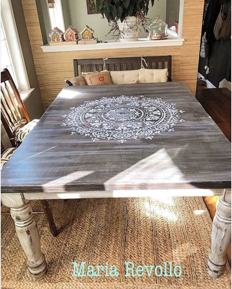 Refurbished Table, Old Kitchen Tables, Stencil Concrete, Furniture Stencils, Diy Kitchen Table, Yoga Mandala, Kitchen Table Makeover, Pattern Stencil, Kitchen Table Wood