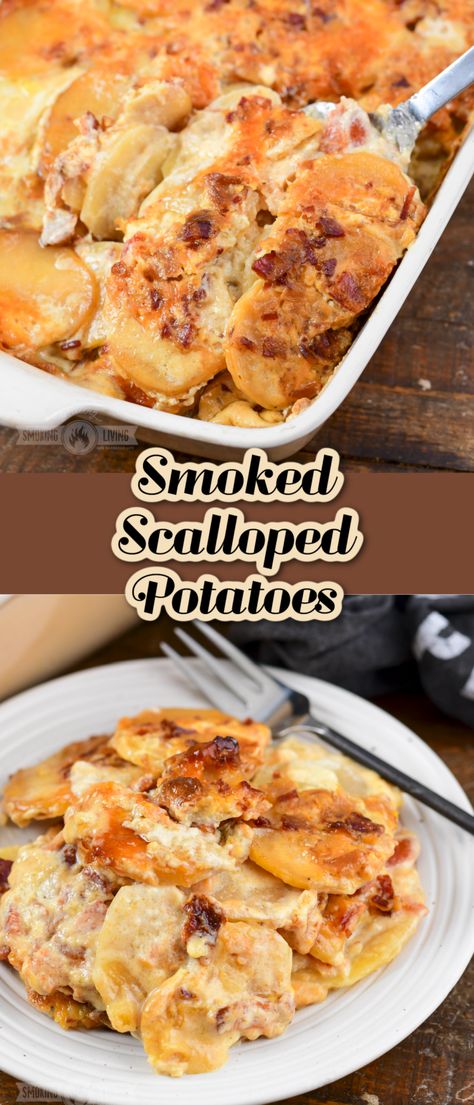 Smoked Scalloped Potatoes, Smoker Grill Recipes, Traeger Cooking, Smoked Shrimp, Pellet Smoker Recipes, Smoked Potatoes, Bbq Table, Scalloped Potatoes Cheesy, Pellet Grill Recipes