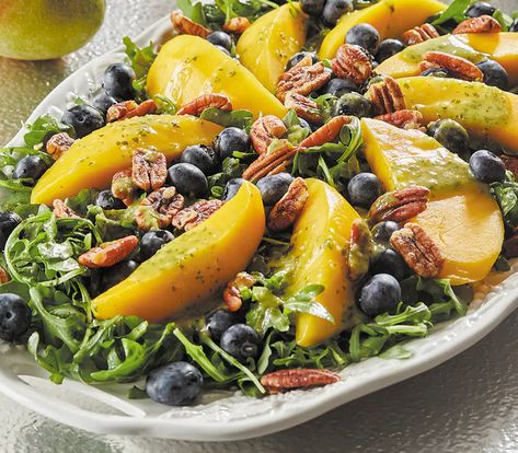 Recipe - Mango Blueberry Salad with Pecans and Basil Vinaigrette  | Costco Mango Blueberry Salad With Pecans And Basil Vinaigrette, Mango Blueberry Salad, Blueberry Salad Recipes, Salad With Pecans, Recipe Mango, Blueberry Salad, Costco Meals, Basil Vinaigrette, Side Salad Recipes