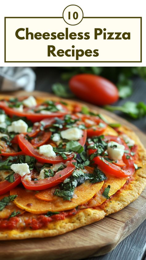 A delicious cheeseless pizza topped with fresh vegetables and vibrant sauce, showcasing a healthy and flavorful alternative to traditional pizza. No Cheese Pizza Ideas, No Cheese Pizza Recipes, Cheese Less Pizza, Pizza No Cheese, No Cheese Pizza, Cheese Free Pizza, Cheeseless Pizza, Dairy Free Pizza Recipe, Vegetarian Pizza Toppings