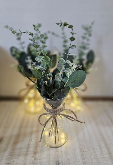 Eucalyptus Greenery Lighted Bud Vase Centerpiece, Wedding Centerpiece, Event Centerpiece, Wedding Decor, Shower Decorations - Etsy Eucalyptus Candle Centerpiece, Vase Centerpiece Wedding, Bud Vases Wedding, Bud Vase Centerpiece, Round Wedding Tables, Plant Arrangements, Lighted Centerpieces, Vase Centerpiece, Planting Tips